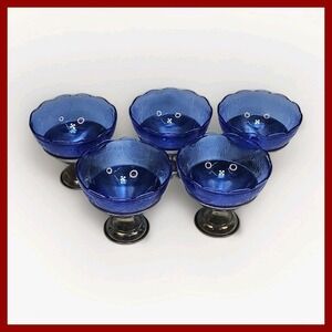 Hazel Atlas Royal Lace Cobalt Blue Sherbet Glass Chrome Holder Set 5pc 1930s